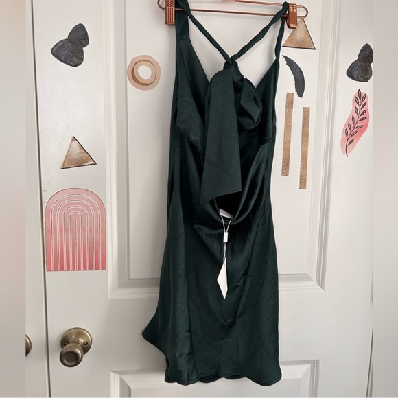 Selfie Leslie halter tie neck forest green draped silky mini dress - Picture 7 of 8